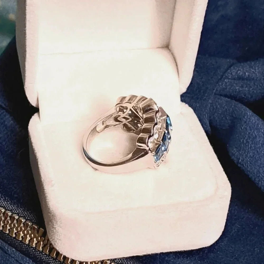Natural Swiss Blue Topaz & White Topaz Art Deco Style Ring.